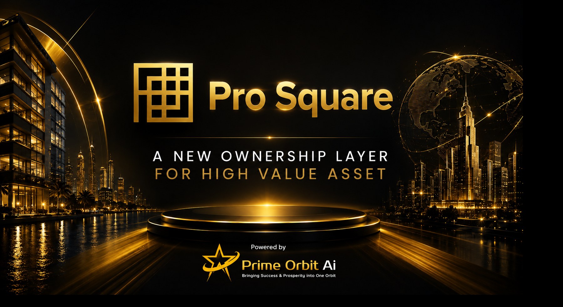 Luxury city skyline with gold Pro Square atmosphere